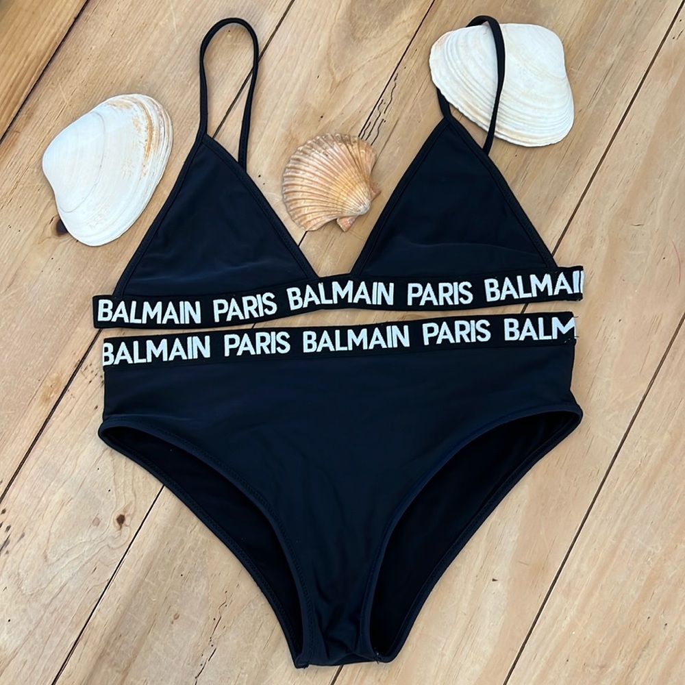 BALMAIN Paris Triangle Top Elastic Banded Logo Bikini Set Matching Botto…